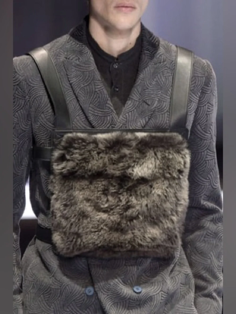 NWT Emporio Armani Fall 2017 Runway Fur Leather Chest Rig Vest Bag Black Gray